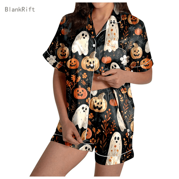 Halloween Pajamas Women 2 Piece Set Ghost Print Graphic Thin Relaxed Fit Button Short Sleeve Shirts and Shorts Soft Womens Pjs Sets Beige M