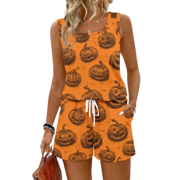 Halloween Pajamas Women 2 Piece Short Sets for Women Halloween Pajama Set Matching Pajamas Halloween Pjs Womens Pajama Sets Sleeveless Tank Top and Shorts Pj Set Sleepwear, Saffron, M