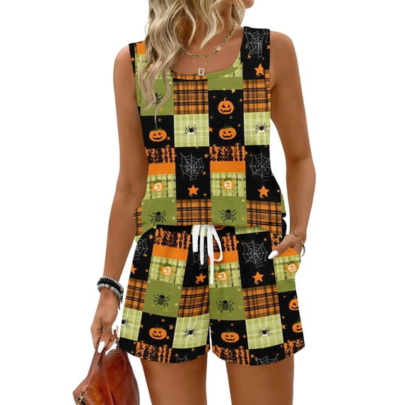 Halloween Pajamas Women 2 Piece Short Sets for Women Halloween Pajama Set Matching Pajamas Halloween Pjs Womens Pajama Sets Sleeveless Tank Top and Shorts Pj Set Sleepwear, Green, 3XL