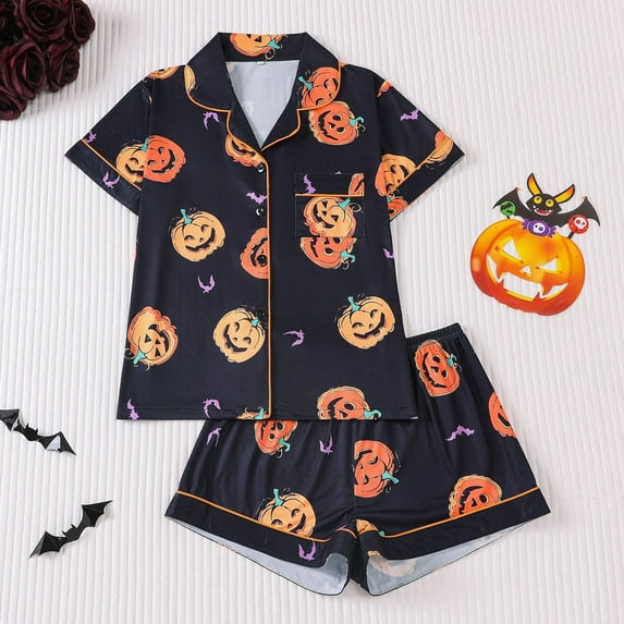 Halloween Pajamas Women 2 Pieces Button Down Collared Pumpkin Bat Printed Short Sleeve Tops And Shorts Lounge Set Casual Breathable Comfy Loose Soft Womens Pajamas Black L