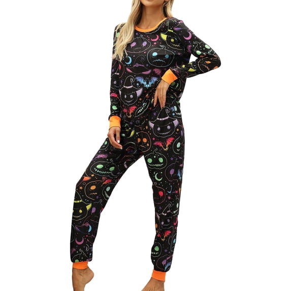 Halloween Pajamas Women 2 Pieces Set Holiday Pjs Crew Neck Long Sleeve Shirts and Pants Ghosts Pumpkin Graphic Printed Spooky Season Sleepwear