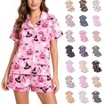 thumbnail image 1 of Halloween Pajamas Women 2026, Cute Satin Ghost Pumpkin Print Short Sleeve Button Top and Shorts Matching Sleepwear Pajamas, 1 of 5