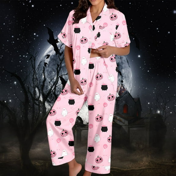 Halloween Pajamas Women Casual Full Printed 2 Pc Short Sleeve Button Down Lapel Pocket Shirts Loose Straight Pants Silk Satin Comfy Sleepwear Fall Winter Women's Loungewear Sets Pink L