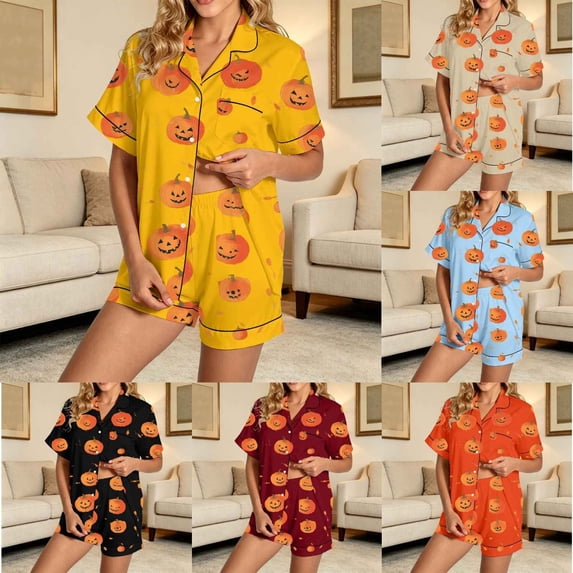 Halloween Pajamas Women Casual Short Sleeve Shirt Shorts Summer Fall Relaxed 2 Piece Pajama Sets for Women 2 Piece Yellow S