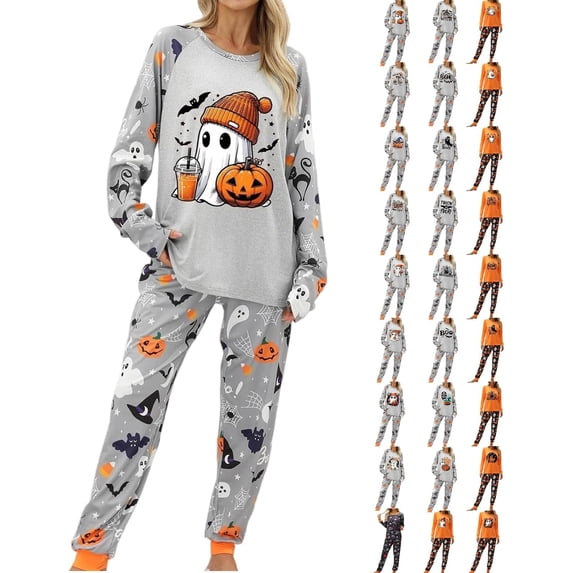 Halloween Pajamas Women Cute Ghost Pumpkin 2 Piece Pajama Sets Fall Soft Long Sleeve Pjs with Pants Spooky Sleepwear
