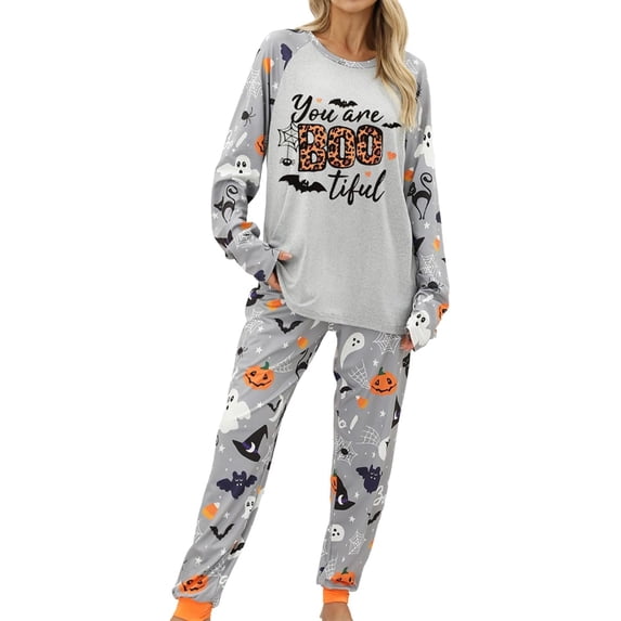 Halloween Pajamas Women Cute Ghost Pumpkin 2 Piece Pajama Sets Fall Soft Long Sleeve Pjs with Pants Spooky Sleepwear