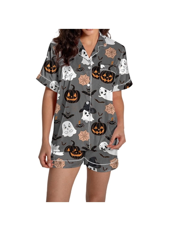 Halloween Pajamas Women,Cute Pjs for Women Satin Pajama Set Silk 2 Piece Sets Loungewear Button Down Short Sleeve Shirt and Shorts Pj Set Sleepwear Spooky Cute Gothic Pajamas Halloween Gifts Grey