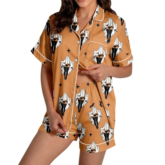 Halloween Pajamas Women,Fall Cute Pumpkin Ghost Print Pjs Short Sleeve Button Shirts and Shorts Pajamas Sets Earthy Yellow L