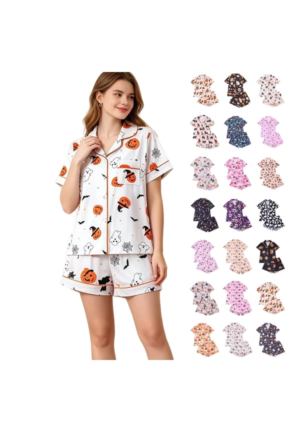 Halloween Pajamas Women Ghost Pumpkin Print Short Sleeve Button Shirts Matching Shorts Set Cute Plus Size Pjs
