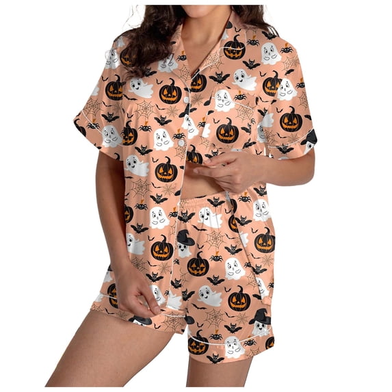 Halloween Pajamas Women Ghost Pumpkin Print Short Sleeve Button Shirts Shorts Sets Spooky & Cute 2 Piece Pjs Sets (Khaki XXL)