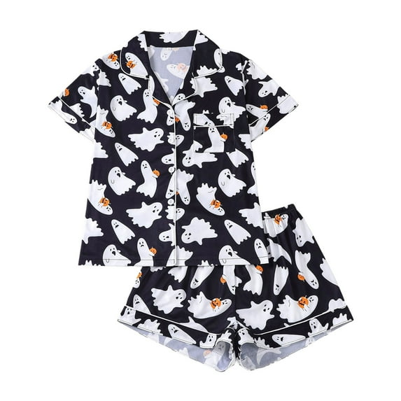Halloween Pajamas Women Ghost Pumpkin Print Short Sleeve Button Up Sleepwears Loungewear Ladies 2 Piece Top and Shorts Pjs Sets,Black,XL