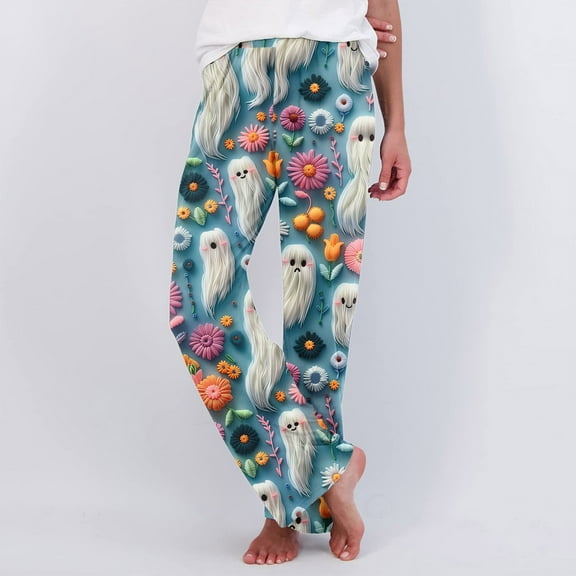 Halloween Pajamas Women Pants Pumpkin Printed Pajama Pants Blue 2XL