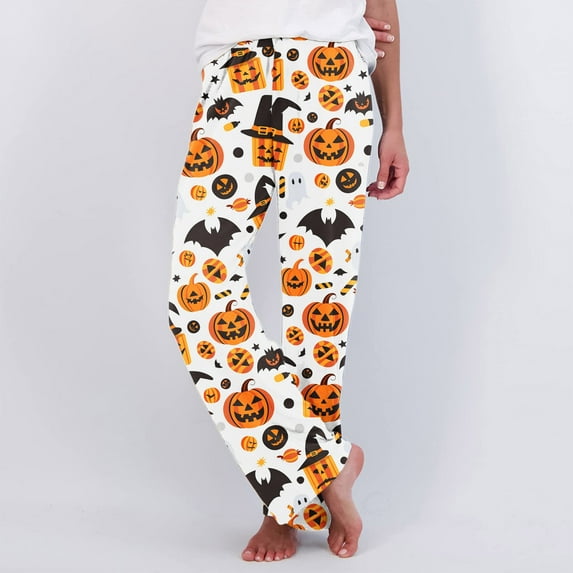 Halloween Pajamas Women Pants Pumpkin Printed Pajama Pants Orange S