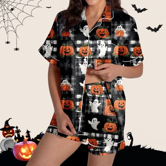 Halloween Pajamas Women Pumpkin Ghost Printed 2 Pc Short Sleeve Pocket Button Down Lapel Shirts Loose Shorts Casual Sleepwear Nightwear Silk Comfy Womens Loungewear Set Black XL
