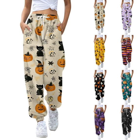 Halloween Pajamas Women Pumpkin Print Comfy Stretch Drawstring Pajamas Wide Leg Pants Sleepwear Pjs Women