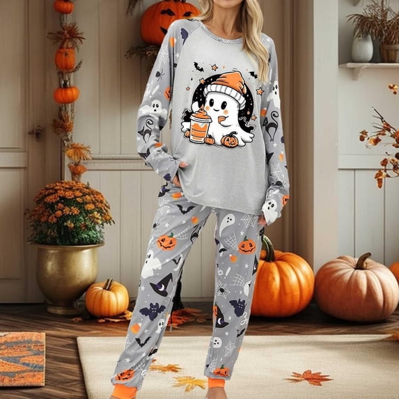 Halloween Pajamas for Women Set Pumpkin Print Long Sleeve Tops Matching Cozy Sleeppants Nighty Set Cute Funny