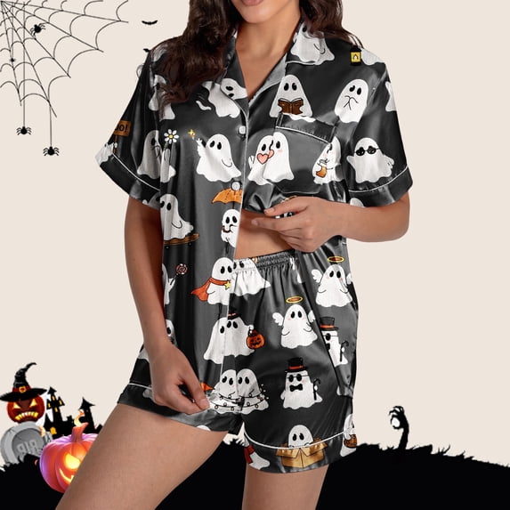 Halloween Pajamas Women Pumpkin Print Short Sleeve Button Shirts Matching Shorts Set Cute Plus Size