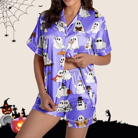 Halloween Pajamas Women Pumpkin Print Short Sleeve Button Shirts Matching Shorts Set Cute Plus Size