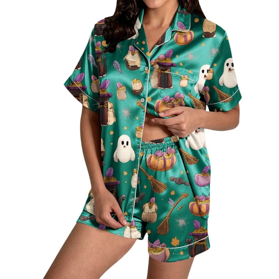 Halloween Pajamas Women Satin Pajamas for Women Button up Pajamas Lounge Sets for Women V Neck Tops for Women Plus Size Halloween Pajamas Cooling Pajamas Luxury Pajamas for Women Set Soft Pajama Se