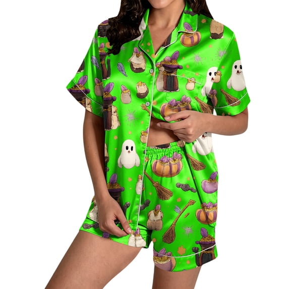 Halloween Pajamas Women Satin Pajamas for Women Button up Pajamas Lounge Sets for Women V Neck Tops for Women Plus Size Halloween Pajamas Cooling Pajamas Womens Easy Halloween