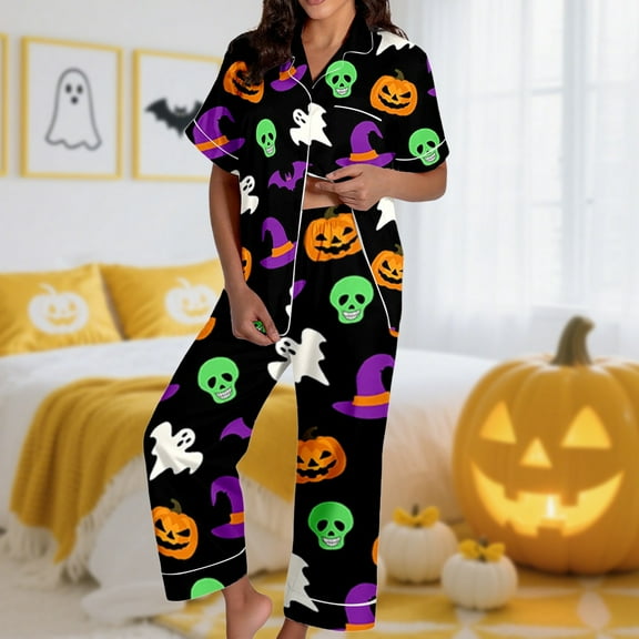 Halloween Pajamas Women Set 2 Pieces Button Down Cartoon Printed Shirts And Long Pants Short Sleeve Fall Loose Fit Comfy Soft Womens Pjs Sets Black S