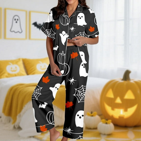 Halloween Pajamas Women Set 2 Pieces Button Down Cartoon Printed Short Sleeve Shirts And Long Pants Loose Fit Comfy Soft Fall Womens Pjs Sets Black S