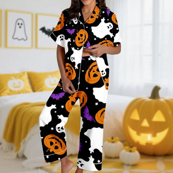 Halloween Pajamas Women Set 2 Pieces Button Down Pumpkin Printed Shirts And Long Pants Fall Short Sleeve Loose Fit Comfy Soft Womens Pjs Sets White M