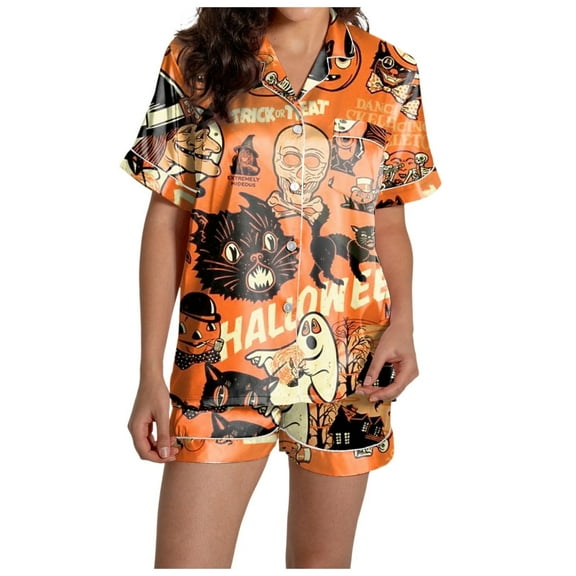 Halloween Pajamas Women Set Buttery Breathable Ghost Graphic Short Sleeve Button Down Shirts and Shorts Relaxed Fit 2 Piece Sleepwear Womens Pjs