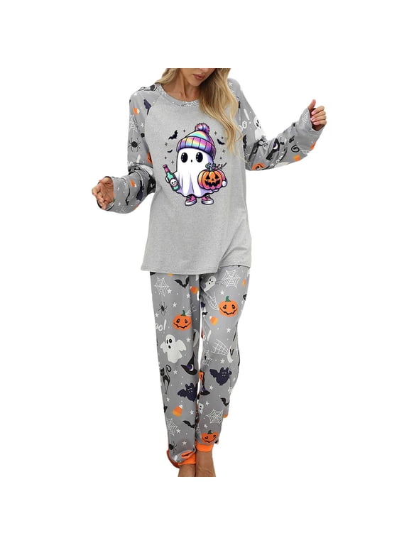 Halloween Pajamas Women Set Casual Lightweigh Ghost Graphic Long Sleeve Pullover with Pants Outfits Soft Comfy Night Wear 2 Piece Lounge Set