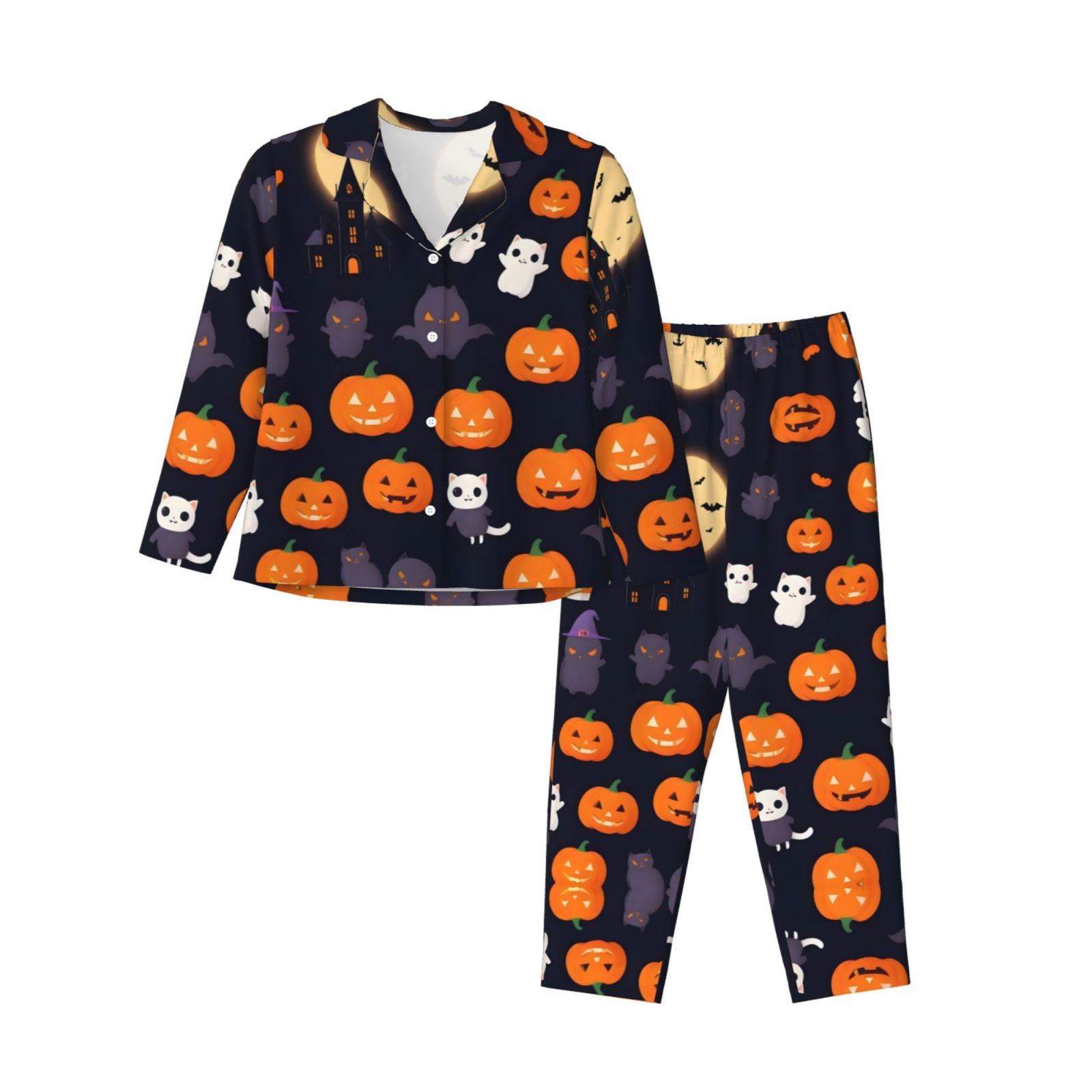Halloween Pajamas for Women Set Halloween Cute Bat Cat Long Sleeve Button Up Pajama Sets for Women 2 Piece Sleepwear Nightwear Halloween Pjs Sets for Women with Pockets Walmart