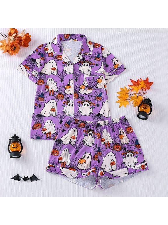 Halloween Pajamas for Women Set Cute Silk Satin 2 Piece Skeleton Goth Cute Short Sleeve Button Down Collar Lounge Set Women Soft Sleepwear Halloweens Couples Gifts