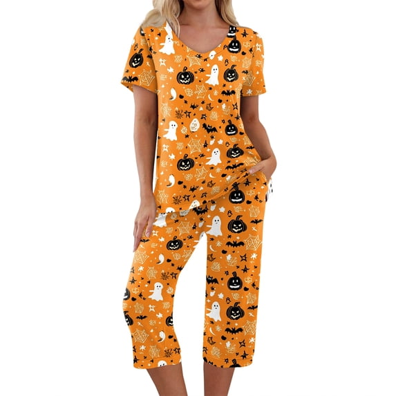 Halloween Pajamas Women Set Halloween Matching 2 Piece Set Short Sleeve Top and 7/8 Pants Women Sleepwear for Trick-Or-Treat, Parties, Lounge Orange 2XL