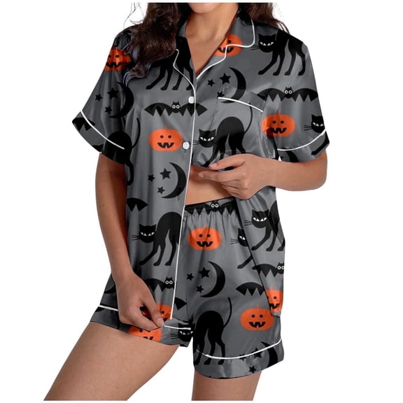 Halloween Pajamas Women Set Misty Cushiony Ghost Graphic Button Down Short Sleeve Shirts and Shorts 2 Piece Nightshirt Relaxed Fit Womens Pjs Sets