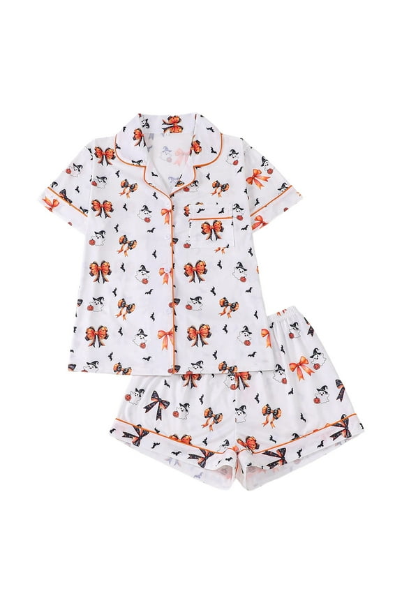 Halloween Pajamas Women Set Relaxed Fit Ghost Pumpkin Graphic Button down Short Sleeve Shirts with Shorts Outfits Soft Comfy Sleepwear 2 Piece Pjs