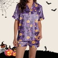 thumbnail image 1 of Halloween Pajamas Women Set Satin Classic Fit Soft Comfort Bat Print Silk Pj Shorts Set Ruffle Lingerie Notch Collar Sleepwear, 1 of 5