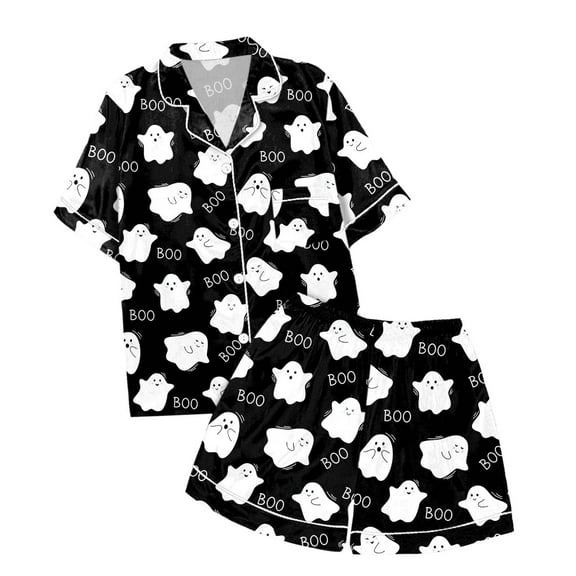 Halloween Pajamas Women Set Weightless Cloud Like Ghost Graphic Button Down Short Sleeve Shirts and Shorts 2 Piece Nightwear Relaxed Fit Matching Lounge Sets
