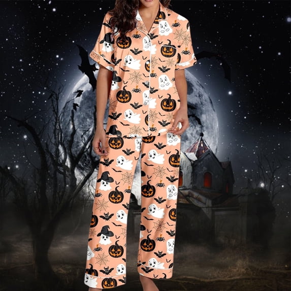 Halloween Pajamas Women Short Sleeve Button Top Matching Wide Leg Pant Set Plus Size Cute Pumpkin