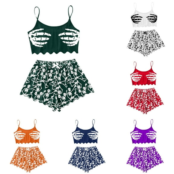 Halloween Pajamas Women Shorts Set 2 Pieces Skinny Stretchy Sleeveless Cropped Vest Set Funny Halloween Printed Comfortable Pjs Sets Sleepwear Dark Green XL