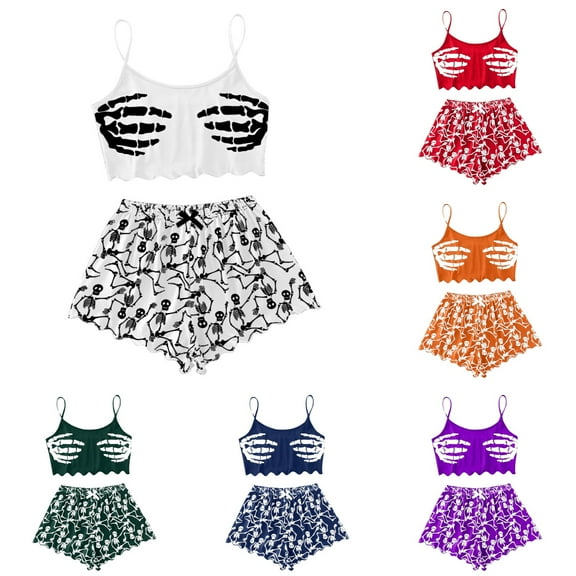 Halloween Pajamas Women Shorts Set 2 Pieces Skinny Stretchy Sleeveless Cropped Vest Set Funny Halloween Printed Comfortable Pjs Sets Sleepwear White XL