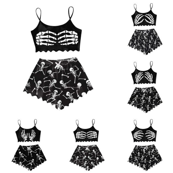 Halloween Pajamas Women Shorts Set 2 Pieces Sleeveless Stretchy Cropped Vest Set Casual Halloween Printed Comfortable Pjs Sets Sleepwear Black4 M