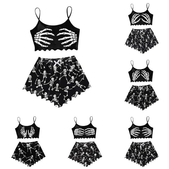 Halloween Pajamas Women Shorts Set 2 Pieces Sleeveless Skinny Stretchy Cropped Vest Set Casual Halloween Printed Comfortable Pjs Sets Sleepwear Black5 XXL