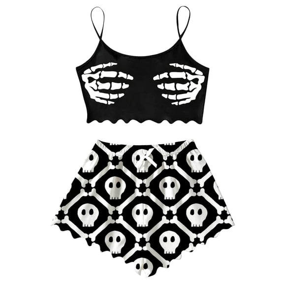 Halloween Pajamas Women Silk 2 Piece Cami Top+Shorts Set Skeleton Print Sleeveless Sleepwear Loungewear Halloween Gifts