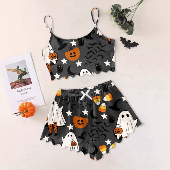 Halloween Pajamas Women Silk Satin Sleepwear Set Sleeveless Camisole Top with Shorts Soft Loungewear Womens Pajamas Grey XL