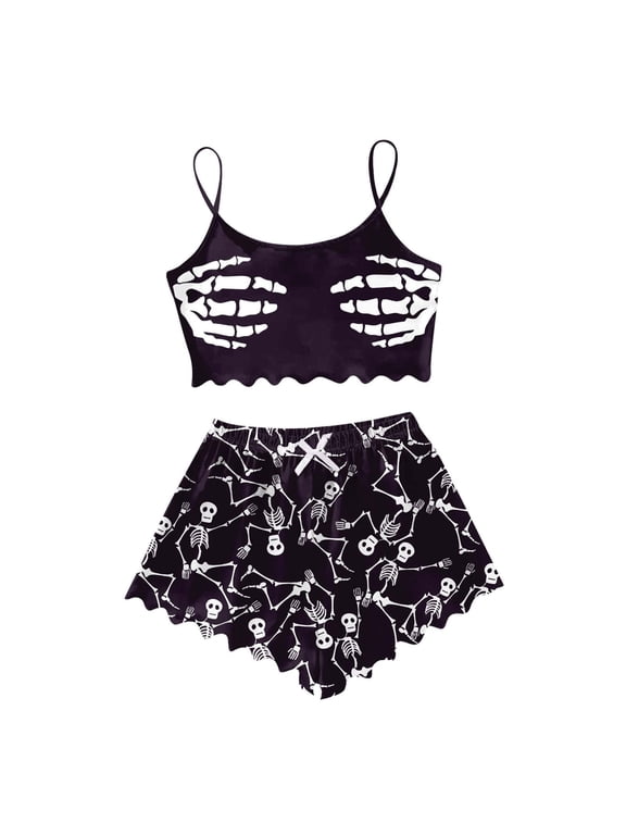 Halloween Pajamas Women Sleeveless Two Piece Goth Print Pajama Set Lettuce Cami Shorts Sleepwear