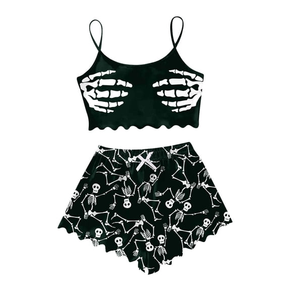 Halloween Pajamas Women Sleeveless Two Piece Goth Print Pajama Set Lettuce Cami Shorts Sleepwear