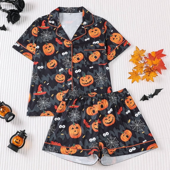 Halloween Pajamas Women Spider Pumpkin Printed Short Sleeve Pocket Lapel Button Down Shirts Loose Casual Shorts Daily Comfort 2 Pc Women's Loungewear Sets Black S