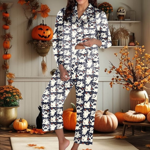 Halloween Pajamas Women Theme Full Printed 2 Pc Long Sleeve Pocket Button Down Lapel Shirts Loose Casual Pants Cozy Fall Winter Silk Nightwear Comfy Women's Loungewear Sets Black S