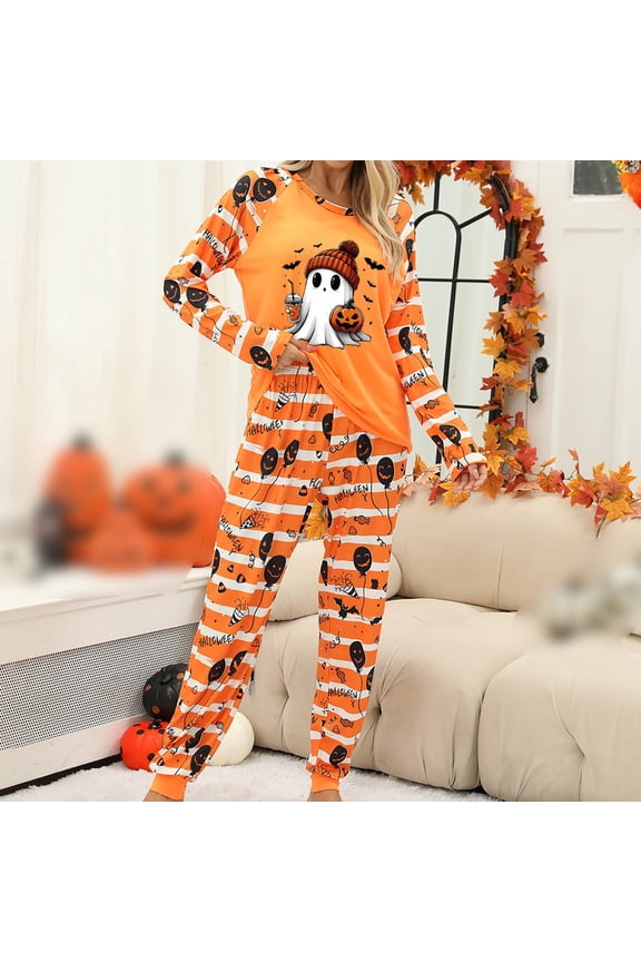 Halloween Pajamas Women Theme Full Printed Long Sleeve Crew Neck Pullover Tshirts Loose Casual Pants 2 Pc Soft Fall Winter Sleepwear Comfy Loungewear Sets Woman Orange M