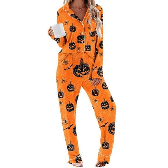 Halloween Pajamas Womens 2 Piece Pant Sets Pumpkin Ghost Print Long Sleeve Button Up Shirt and Bottoms Pjs Outfits, 2XL Style #Q