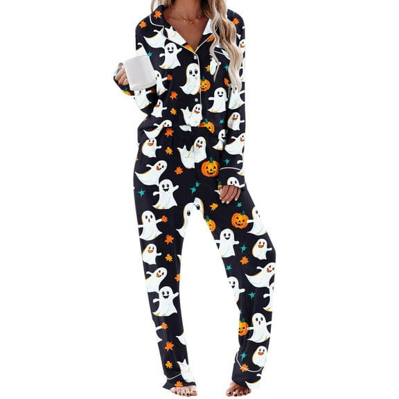 Halloween Pajamas Womens 2 Piece Pant Sets Pumpkin Ghost Print Long Sleeve Button Up Shirt and Bottoms Pjs Outfits, L Style #C